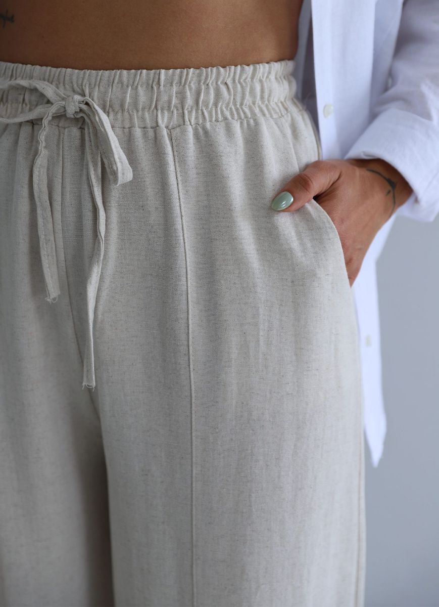 Beige Dikiş Detay Keten Şalvar Pantolon   resmi