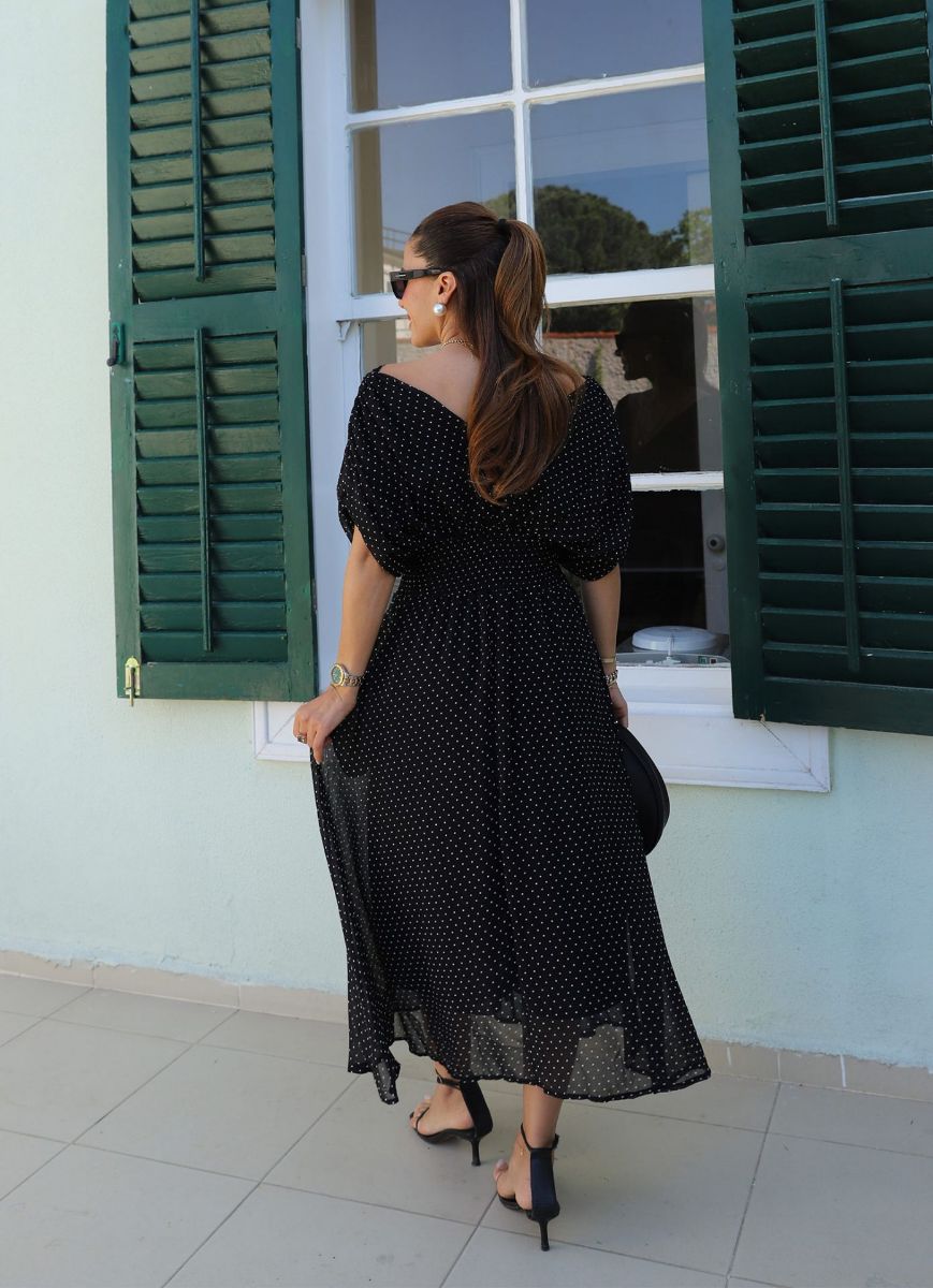 Puantiyeli Beli Lastik Detay Astarlı Şifon Elbise   resmi